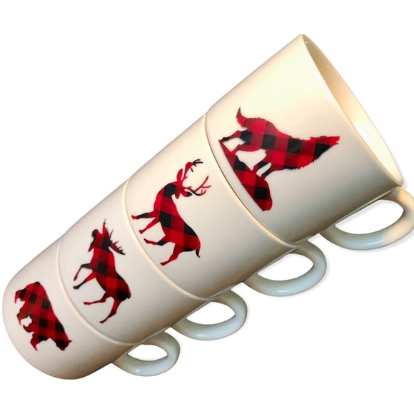 White River Other - 4 White River Stackable Red & Black Plaid Wildlife Mugs